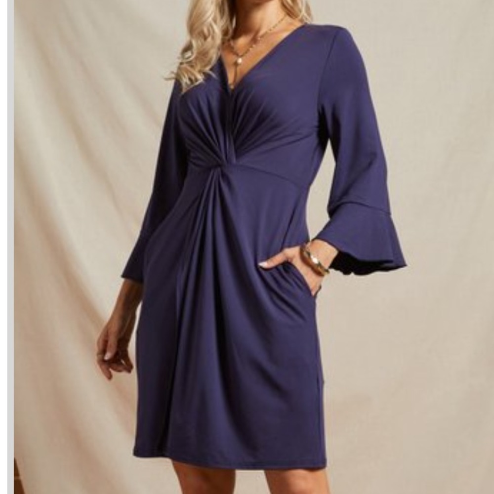 Suzanne Betro Navy Twist Front V-Neck dress